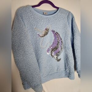 Cozy Blue Arizona Sweater with Sequin Unicorn